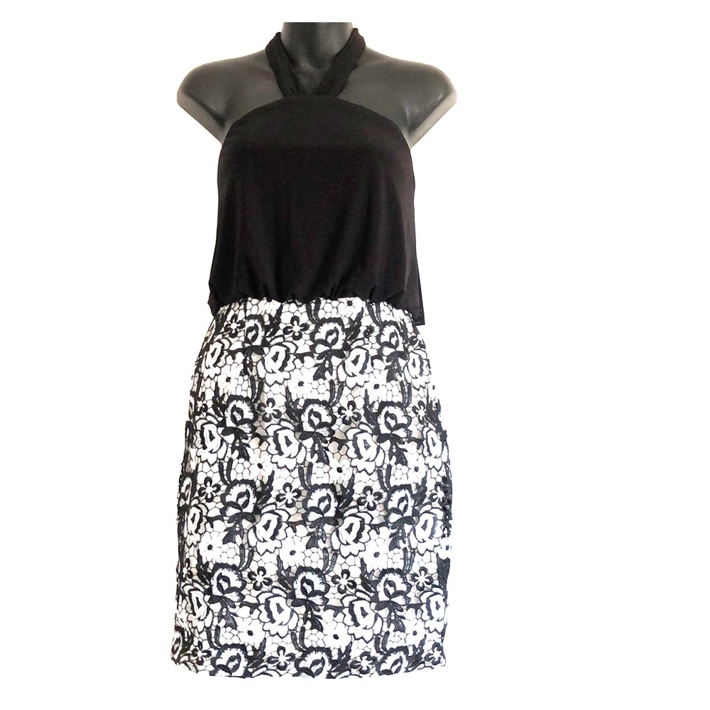 AIDAN MATTOX lace and jersey blouson halter dress